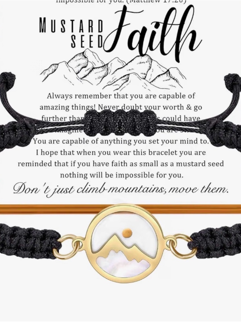 Mustard Seed Black Cord Bracelet with Gold Mountain Disc